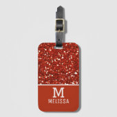 Trendy Red Glitter Name Monogram Bagagelabel (Voorkant (verticaal))