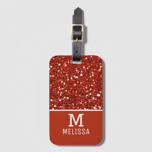 Trendy Red Glitter Name Monogram Bagagelabel (Voorkant (verticaal))