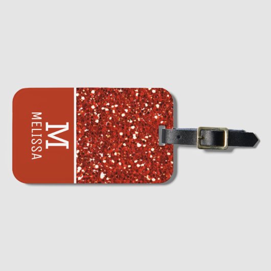 Trendy Red Glitter Name Monogram Bagagelabel (Voorkant (horizontaal))