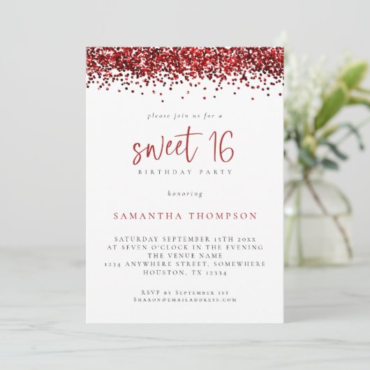 Trendy Red Glitter Sweet 16 Birthday Party Kaart (Staand voorkant)