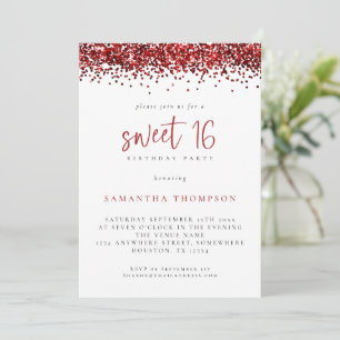 Trendy Red Glitter Sweet 16 Birthday Party Kaart