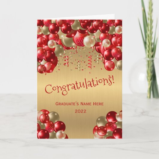 Trendy Red Gold Balloon Gefeliciteerd Afstuderen Kaart (Voorkant)