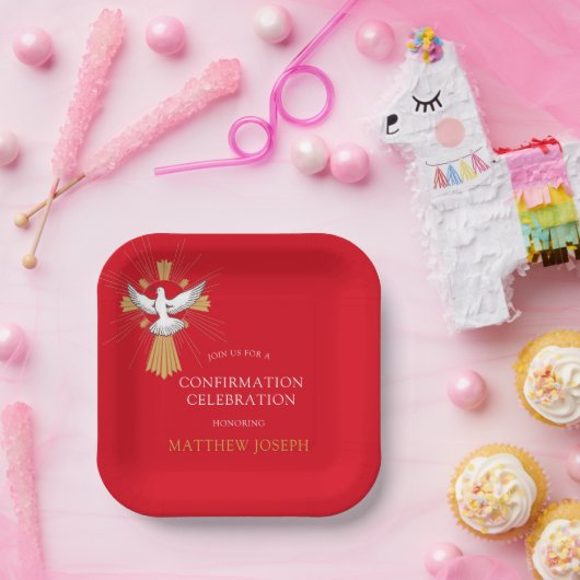 Trendy Red Gold Cross White Dove Bevestiging Papieren Bordje (Feest)