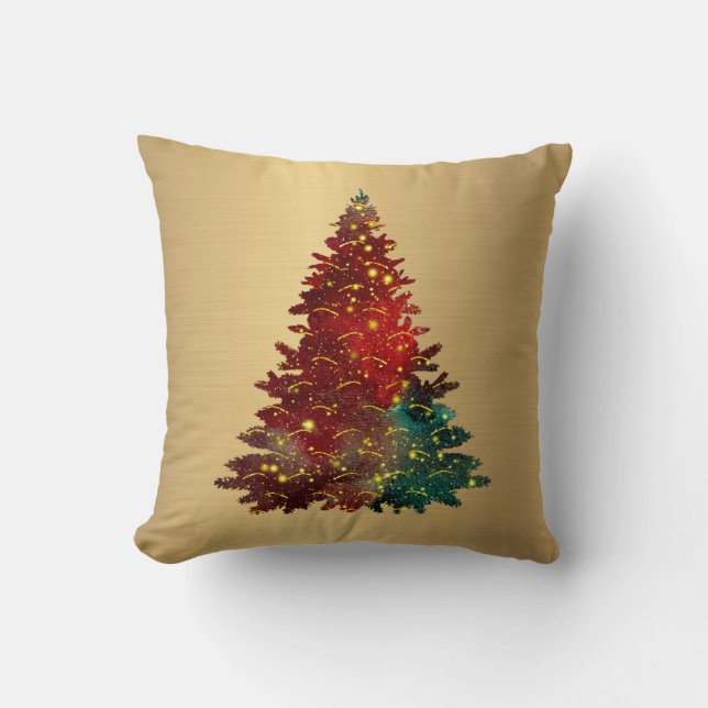 Trendy Red Green Waterverf Tree Gold Kerstmis Kussen (Voorkant)