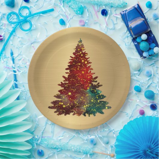 Trendy Red Green Waterverf Tree Gold Kerstmis Papieren Bordje (Feest)