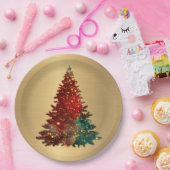 Trendy Red Green Waterverf Tree Gold Kerstmis Papieren Bordje (Feest)