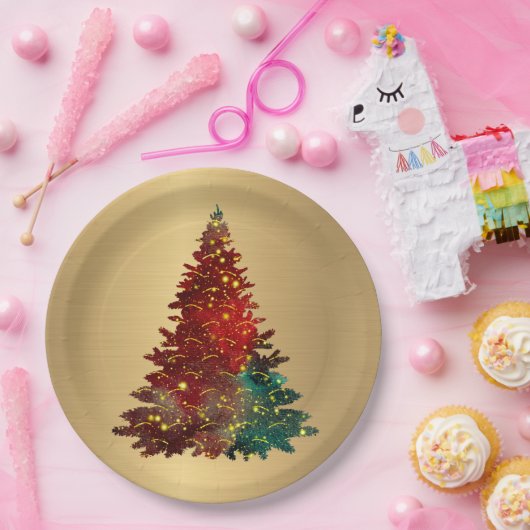 Trendy Red Green Waterverf Tree Gold Kerstmis Papieren Bordje (Feest)