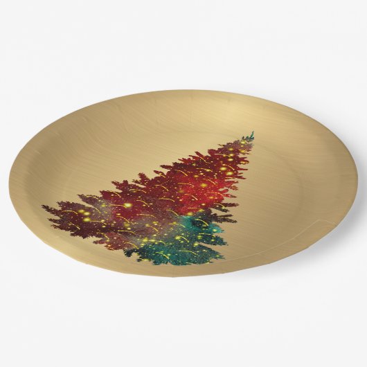 Trendy Red Green Waterverf Tree Gold Kerstmis Papieren Bordje (Gekanteld)