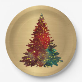 Trendy Red Green Waterverf Tree Gold Kerstmis Papieren Bordje