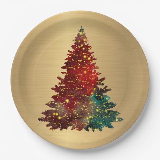 Trendy Red Green Waterverf Tree Gold Kerstmis Papieren Bordje (Voorkant)