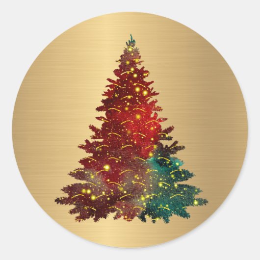 Trendy Red Green Waterverf Tree Gold Kerstmis Ronde Sticker (Voorkant)