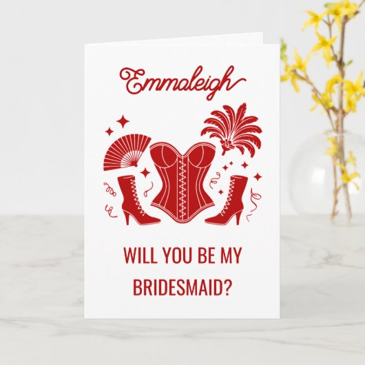 Trendy Red Las Vegas Showgirl Bridesmaid Proposal Kaart (Gele Bloem)