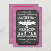 Trendy Red Neon Chalkboard Birthday Party Invite Kaart (Voorkant / Achterkant)