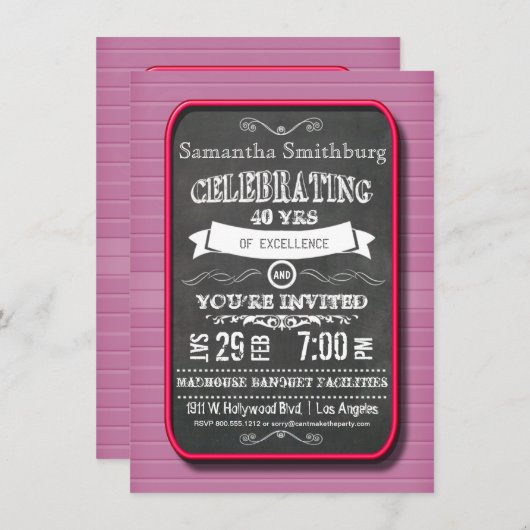 Trendy Red Neon Chalkboard Birthday Party Invite Kaart (Voorkant / Achterkant)