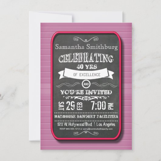 Trendy Red Neon Chalkboard Birthday Party Invite Kaart (Voorkant)