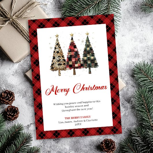 Trendy Red Plaid Christmas Tree Leopard Pattern Feestdagenkaart