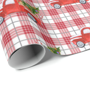 Trendy Red Plaid Vintage Kerst Vrachtwagen Vakanti Cadeaupapier