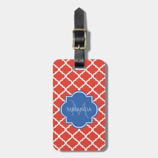Trendy Red Quatrefoil Blue Monogram en naam Bagagelabel (Voorkant verticaal)
