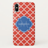 Trendy Red Quatrefoil Blue Monogram en naam Case-Mate iPhone Case (Achterkant)