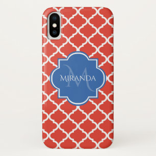 Trendy Red Quatrefoil Blue Monogram en naam iPhone X Hoesje