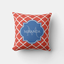 Trendy Red Quatrefoil Blue Monogram en naam Kussen