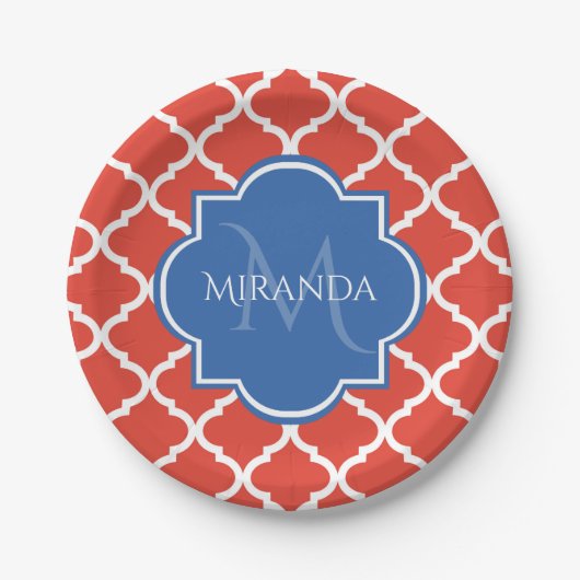 Trendy Red Quatrefoil Blue Monogram en naam Papieren Bordje (Voorkant)