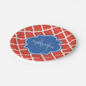 Trendy Red Quatrefoil Blue Monogram en naam Papieren Bordje (Gekanteld)