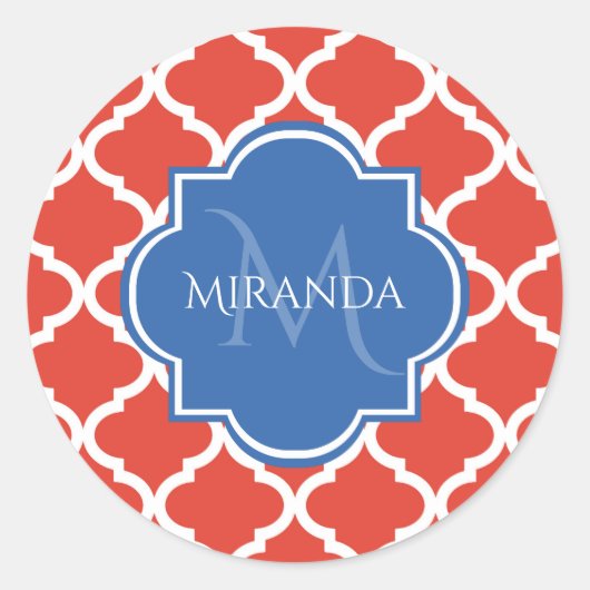 Trendy Red Quatrefoil Blue Monogram en naam Ronde Sticker (Voorkant)