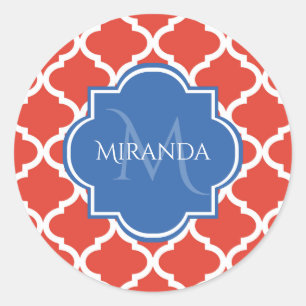Trendy Red Quatrefoil Blue Monogram en naam Ronde Sticker