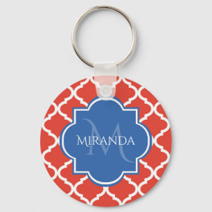 Trendy Red Quatrefoil Blue Monogram en naam Sleutelhanger
