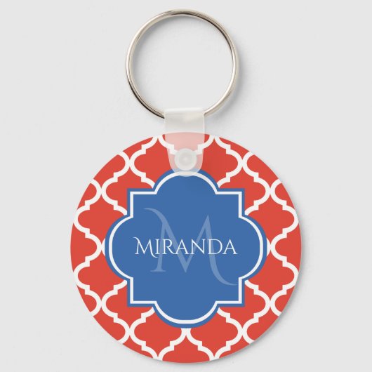 Trendy Red Quatrefoil Blue Monogram en naam Sleutelhanger (Voorkant)