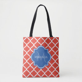 Trendy Red Quatrefoil Blue Monogram en naam Tote Bag