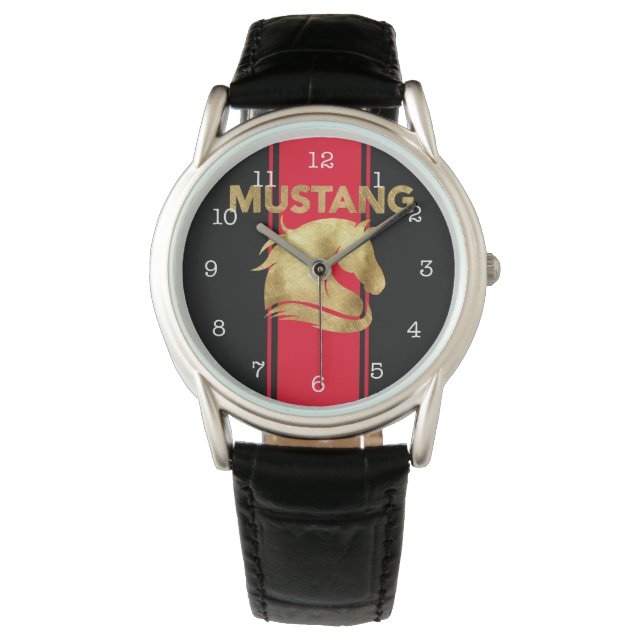 Trendy Red Racing Stripes Gold Mustang Horloge (Voorkant)