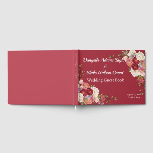 Trendy Red, Script Font Floral Wedding Guest Book Gastenboek (Volledig)