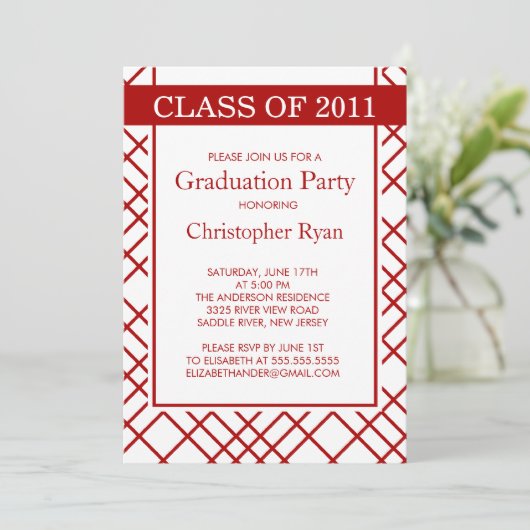 Trendy Red Stripes Afstuderen Invitation Kaart (Staand voorkant)