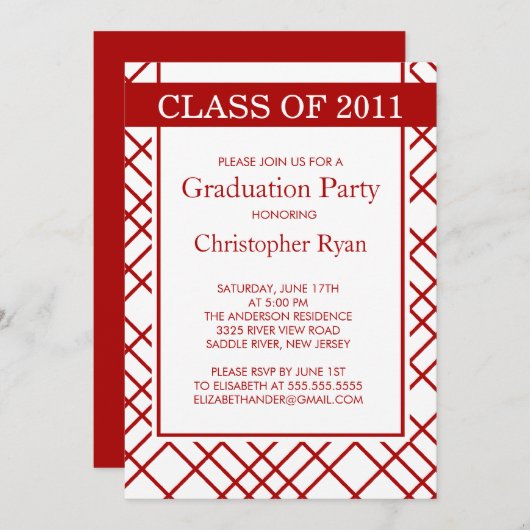 Trendy Red Stripes Afstuderen Invitation Kaart (Voorkant / Achterkant)