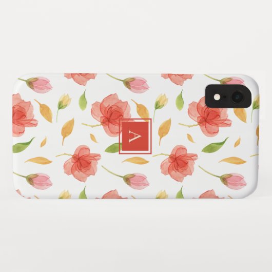 Trendy Red Waterverf Floral Pattern Monogram Case-Mate iPhone Case (Achterkant (horizontaal))