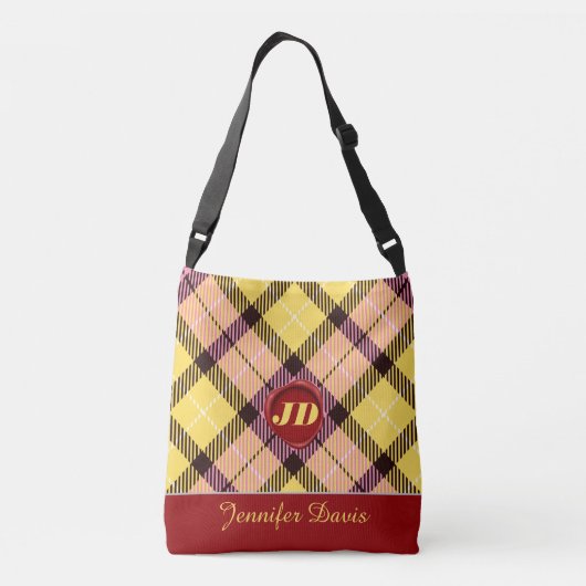Trendy Red Wax Monogram Script Name Tartan Pset Crossbody Tas (Achterkant)