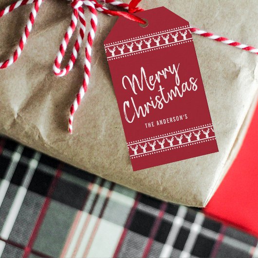 Trendy Red & White Deer Typography Merry Kerstry Cadeaulabel