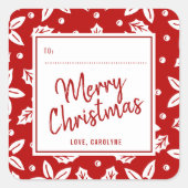 Trendy Red & White Festive kerstcadeaulabel Vierkante Sticker (Voorkant)