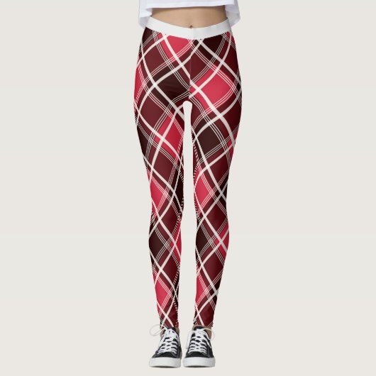 Trendy Red White Maroon Geometric Diamond Pattern Leggings (Voorkant)