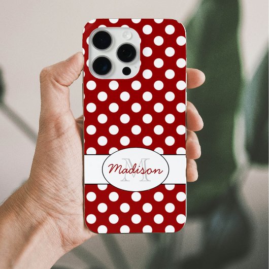 Trendy Red White polka dots patroon Monogram Case-Mate iPhone Case
