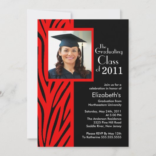 Trendy Red Zebra Photo Afstuderen Invitation Kaart (Voorkant)