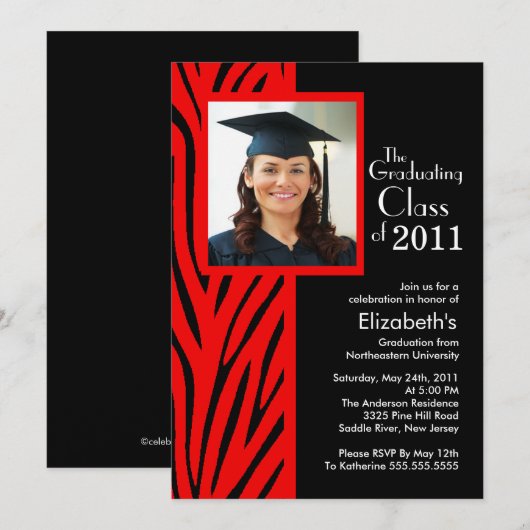 Trendy Red Zebra Photo Afstuderen Invitation Kaart (Voorkant / Achterkant)