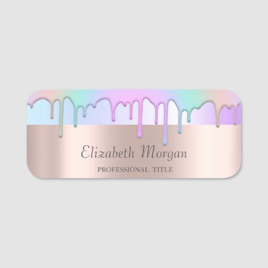 Trendy Regenboog Drips,Roze Goud Naamplaatje (Voorkant)
