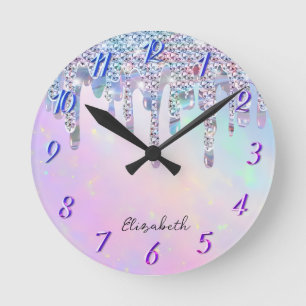Trendy Regenboog Glitter Drips Holografisch Ronde Klok