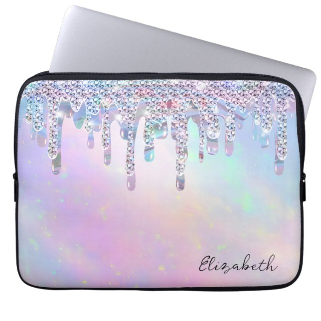 Trendy regenboog glitter druppels holografisch laptop sleeve (Voorkant)