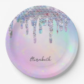 Trendy regenboog glitter druppels holografisch papieren bordje (Voorkant)