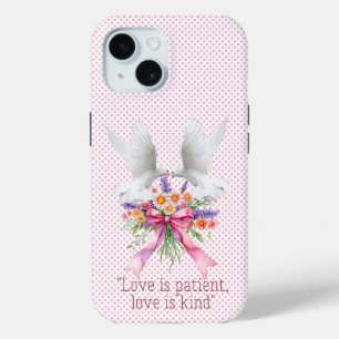 Trendy Religieus Roze Stip Bloem Boog Witte Duiven iPhone 15 Case