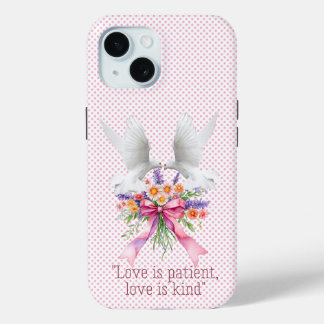 Trendy Religieus Roze Stip Bloem Boog Witte Duiven iPhone 15 Case